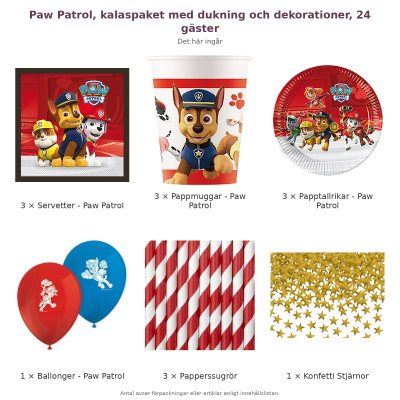 Paw Patrol, kalaspaket med dukning och dekorationer, 24 gäster – innehåll och antal förpackningar