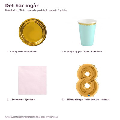 8-årskalas, Mint, rosa och guld, kalaspaket, 6 gäster – innehåll och antal, sifferballong 100 cm
