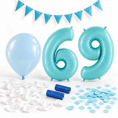 69-års festpaket, Blått, Stor – paketets dekorationer på vit bakgrund