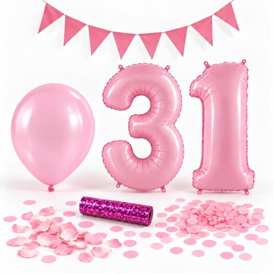 31-års festpaket, Rosa, Stor – paketets dekorationer på vit bakgrund