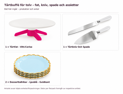 Innehåll och antal: Tårtbuffé för tolv – fat, kniv, spade och assietter