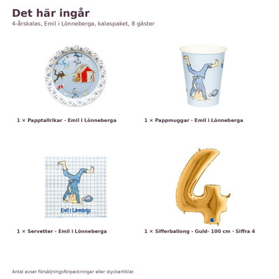 4-årskalas, Emil i Lönneberga, kalaspaket, 8 gäster – innehåll och antal, sifferballong 100 cm