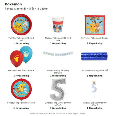 Pokémon – 5-årskalas – kalaspaket för 8 gäster – innehåll och antal
