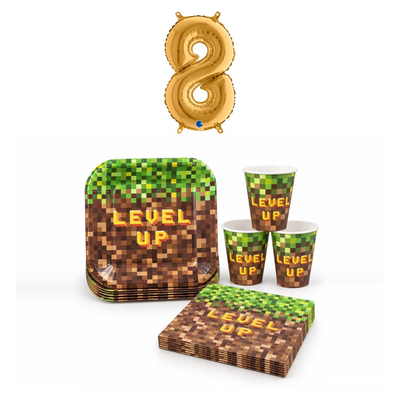 8-årskalas, Gamingkalas i pixeltema, kalaspaket, 8 gäster – sammansatt bild av paketets produkter