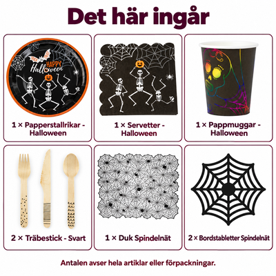 Det här ingår: Spindelnätsmiddag för åtta – duk, kuvert och döskallemuggar