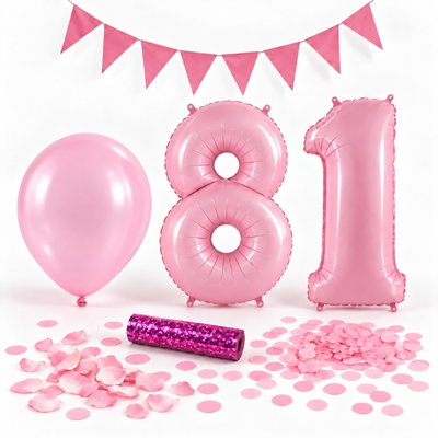 81-års festpaket, Rosa, Stor – paketets dekorationer på vit bakgrund