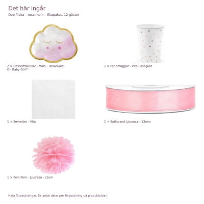 Dop flicka – rosa moln – fikapaket, 12 gäster – innehåll och antal förpackningar