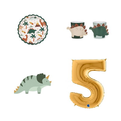 5-årskalas, Dinosauriekalas, kalaspaket, 6 gäster – paketets produkter med sifferballong 100 cm