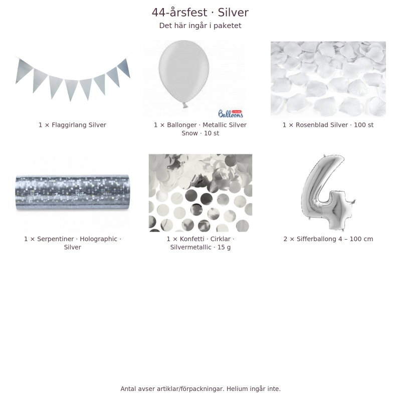 44-års festpaket, Silver, Stor – innehåll och antal förpackningar