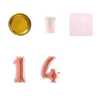 14-årskalas, Rosa och guld, kalaspaket, 6 gäster – paketets produkter med sifferballong 100 cm