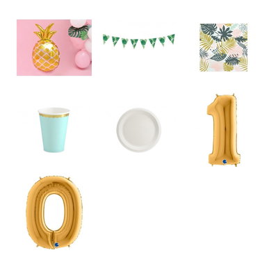 10-årskalas, Tropiskt kalas, kalaspaket, 6 gäster – paketets produkter med sifferballong 100 cm
