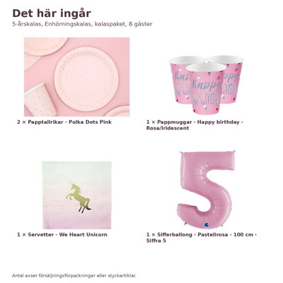 5-årskalas, Enhörningskalas, kalaspaket, 8 gäster – innehåll och antal, sifferballong 100 cm