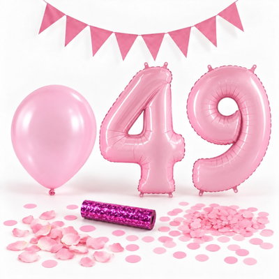 49-års festpaket, Rosa, Stor – paketets dekorationer på vit bakgrund
