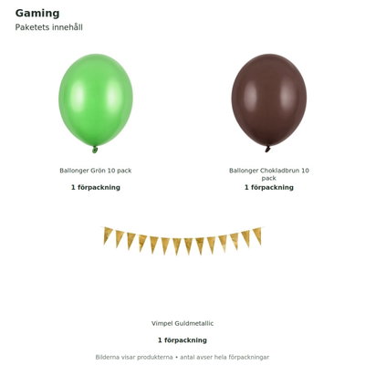 Gaming – dekorationspaket grönt/brunt – Bas – innehåll och antal