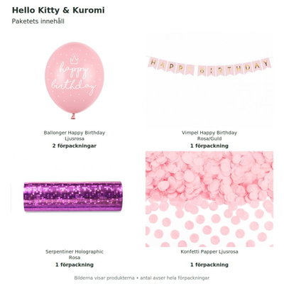 Hello Kitty & Kuromi – dekorationspaket Stort – innehåll och antal
