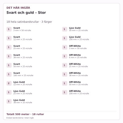 Det här ingår – Satinbandspaket – Svart och guld – Stor – 18 rullar