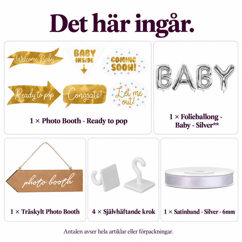 Babyshowerns lekfulla fotobås – sex skyltar och silvertext