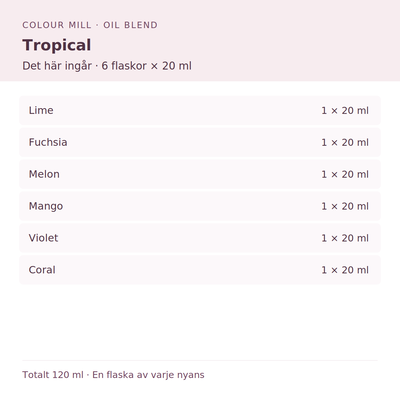 Paketinnehåll: 1 × Lime 20 ml, 1 × Fuchsia 20 ml, 1 × Melon 20 ml, 1 × Mango 20 ml, 1 × Violet 20 ml, 1 × Coral 20 ml