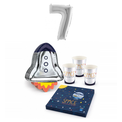 7-årskalas, Rymdkalas, kalaspaket, 6 gäster – sammansatt bild av paketets produkter