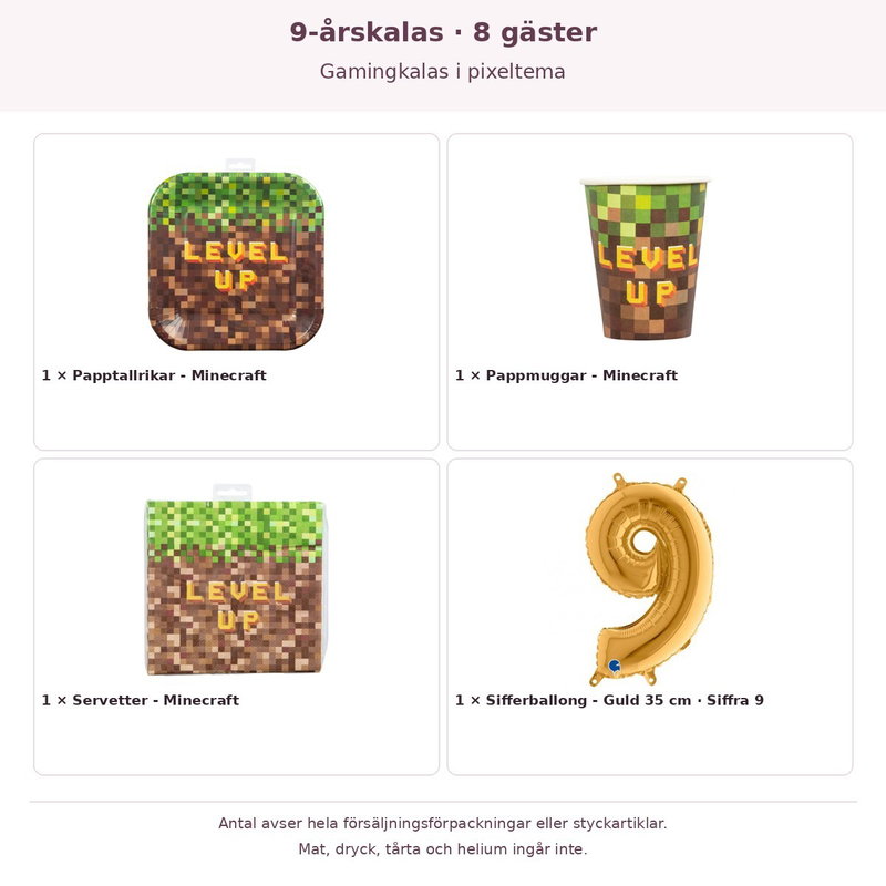9-årskalas, Gamingkalas i pixeltema, kalaspaket, 8 gäster – innehåll och antal förpackningar