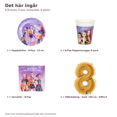 8-årskalas, K-pop, kalaspaket, 8 gäster – innehåll och antal, sifferballong 100 cm