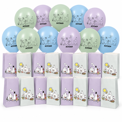 Mumin – kalaspåsar och ballonger för 16 barn – paketets produkter