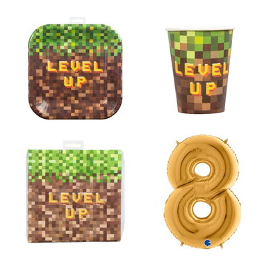 8-årskalas, Minecraft-kalas, kalaspaket, 8 gäster – paketets produkter med sifferballong 100 cm