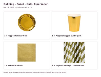 Dukning - Paket - Guld, 8 personer – innehåll och antal förpackningar