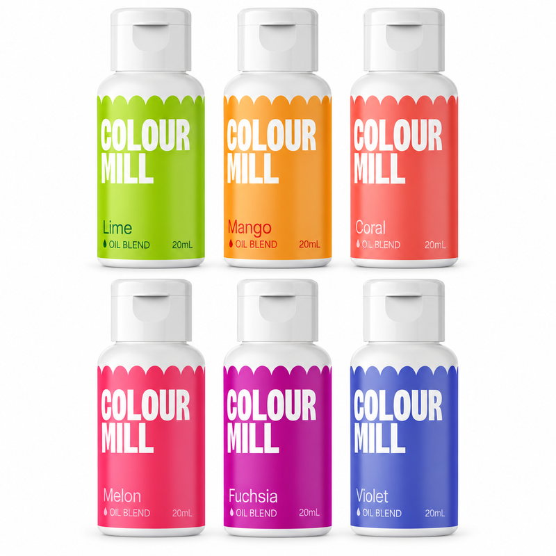 Färgpaket Tropical, Oljebaserade ätbara färger - Colour Mill – färgflaskor på vit bakgrund
