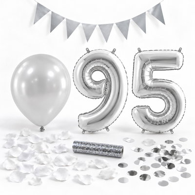 95-års festpaket, Silver, Stor – paketets dekorationer på vit bakgrund