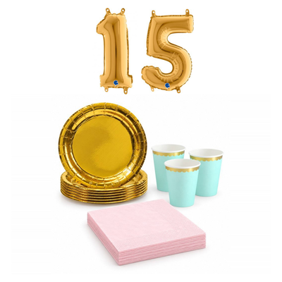 15-årskalas, Mint, rosa och guld, kalaspaket, 6 gäster – sammansatt bild av paketets produkter