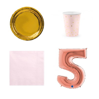 5-årskalas, Rosa och guld, kalaspaket, 6 gäster – paketets produkter med sifferballong 100 cm