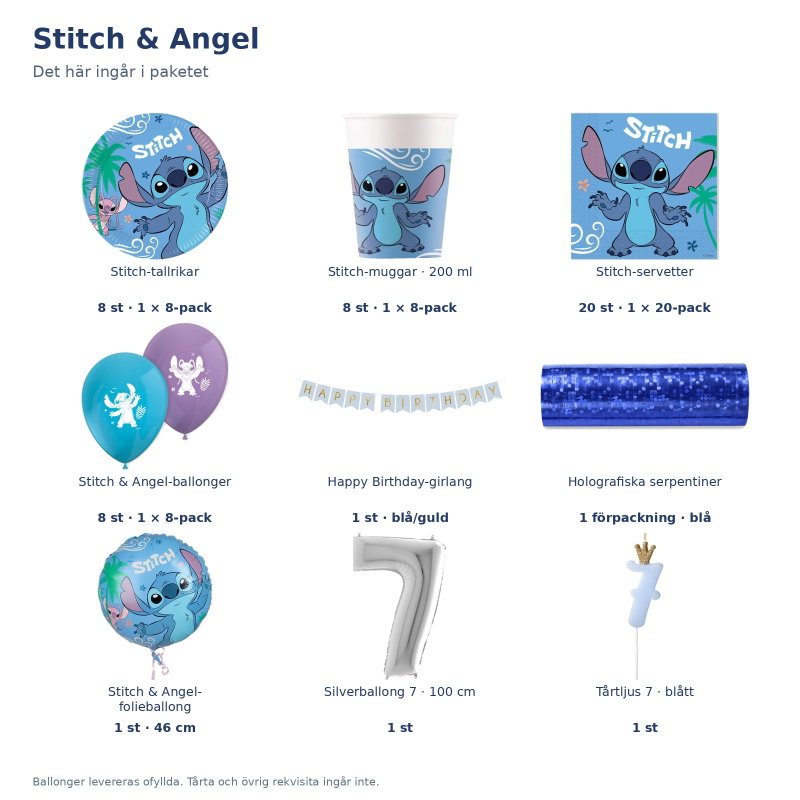 Stitch & Angel – 7-årskalas – kalaspaket för 8 gäster – innehåll och antal