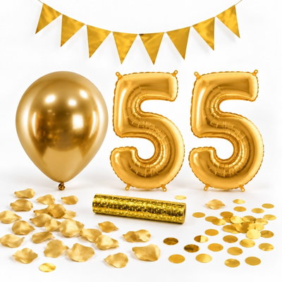 55-års festpaket, Guld, Stor – paketets dekorationer på vit bakgrund
