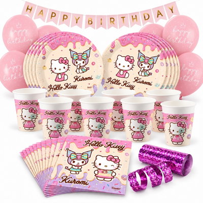 Hello Kitty & Kuromi – kalaspaket med dekorationer för 16 gäster – paketets produkter