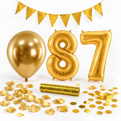 87-års festpaket, Guld, Stor – paketets dekorationer på vit bakgrund