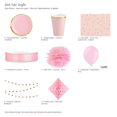 Dop flicka – rosa och guld – fika och dekorationer, 6 gäster – innehåll och antal förpackningar