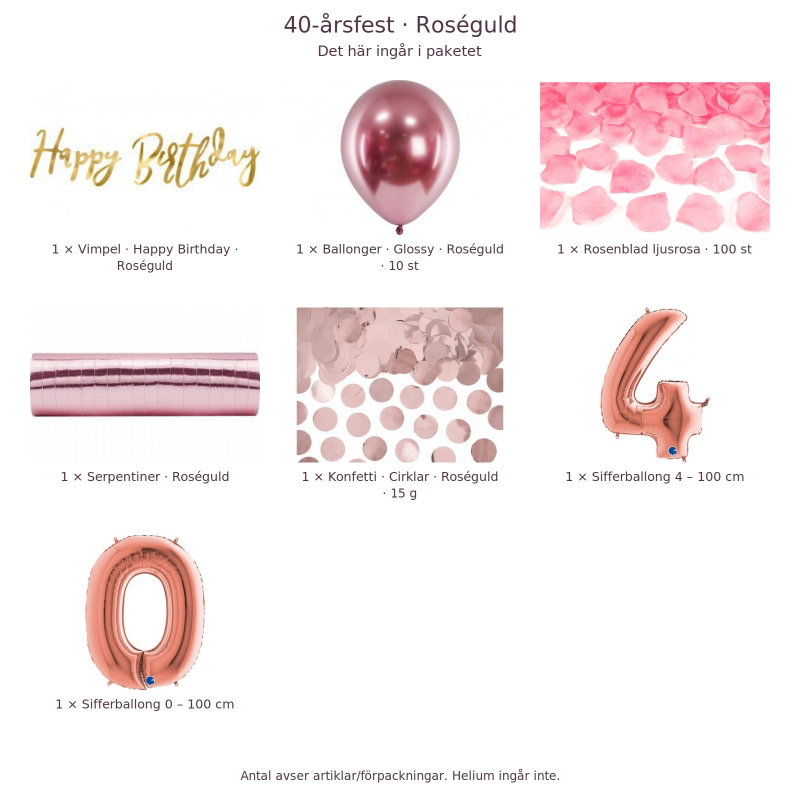 40-års festpaket, Roséguld, Stor – innehåll och antal förpackningar