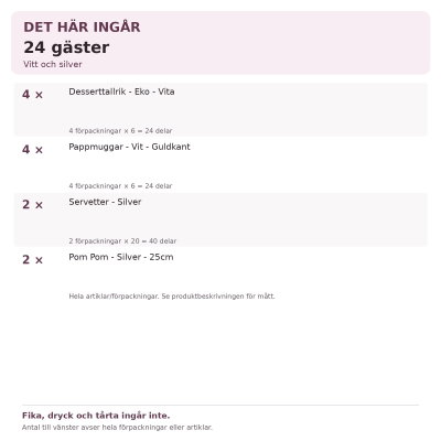 Dop och namngivning – vitt och silver – fikadukning & dekorationer, 24 gäster – innehåll och antal