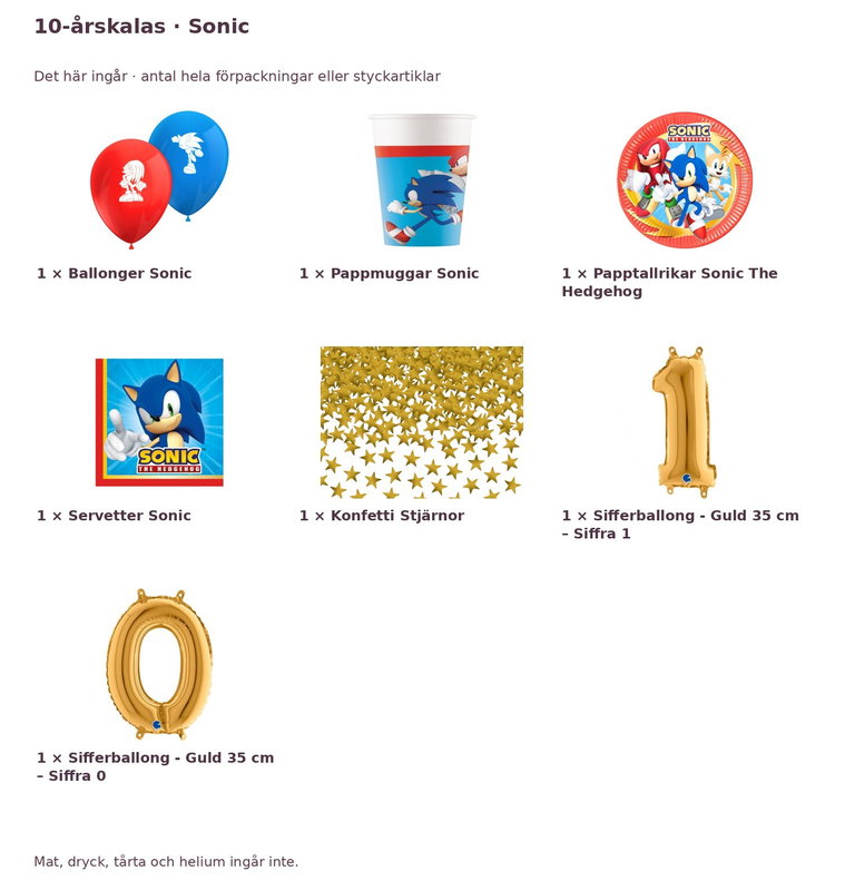 10-årskalas, Sonic, kalaspaket, 8 gäster – innehåll och antal förpackningar