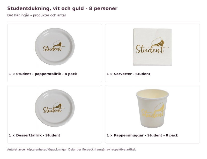 Studentdukning, vit och guld - 8 personer – innehåll och antal förpackningar