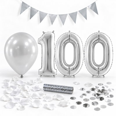100-års festpaket, Silver, Stor – paketets dekorationer på vit bakgrund