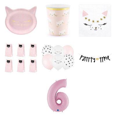 6-årskalas, Cute Cat-kalas, kalaspaket, 6 gäster – översikt av ingående produkttyper