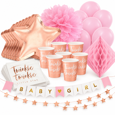 Babyshower flicka – roséguld och rosa – fika och dekorationer, 6 gäster – samlat paketinnehåll