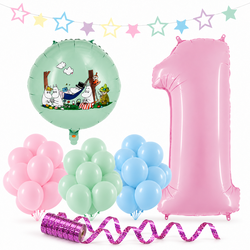 Mumin 1 år – dekorationspaket Pastell – paketets produkter
