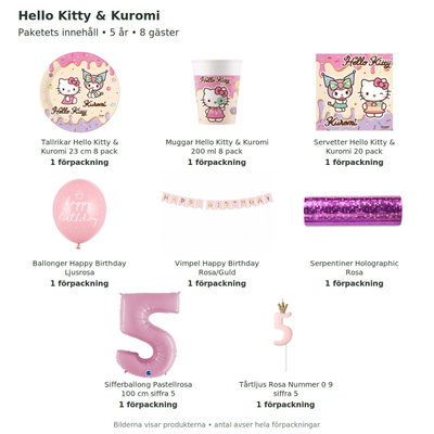Hello Kitty & Kuromi – 5-årskalas – kalaspaket för 8 gäster – innehåll och antal