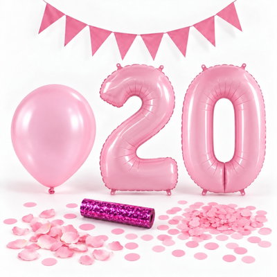 20-års festpaket, Rosa, Stor – paketets dekorationer på vit bakgrund