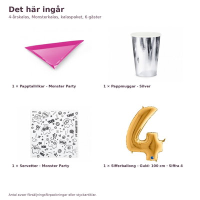 4-årskalas, Monsterkalas, kalaspaket, 6 gäster – innehåll och antal, sifferballong 100 cm