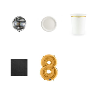 8-årskalas, Discokalas, kalaspaket, 6 gäster – paketets produkter med sifferballong 100 cm