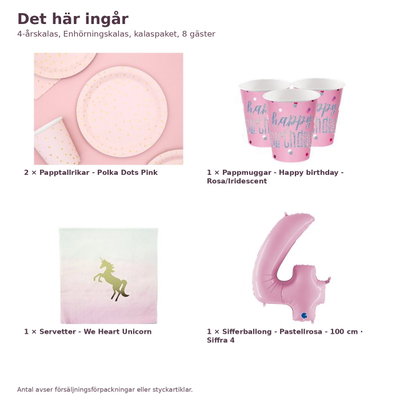 4-årskalas, Enhörningskalas, kalaspaket, 8 gäster – innehåll och antal, sifferballong 100 cm